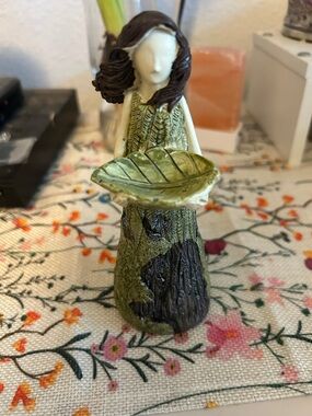 Handcrafted Girl Figurine Holding Leaf Bowl - Green and Brown